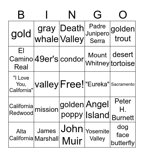 California Bingo Card